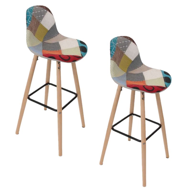 2 Tabourets de bar scandinaves patchwork Riga - H. 92 cm - Beige