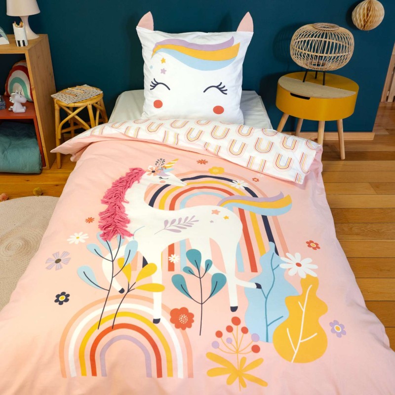 Parure de lit enfant Licorne avec oreilles rembourrées - 100% coton 57 fils/cm² - 140 x 200 cm