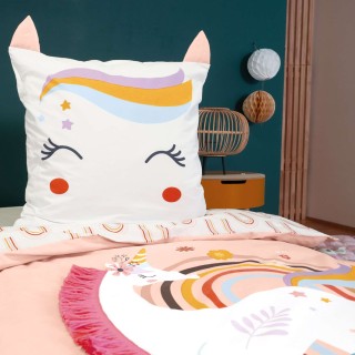 Parure de lit enfant Licorne avec oreilles rembourrées - 100% coton 57 fils/cm² - 140 x 200 cm