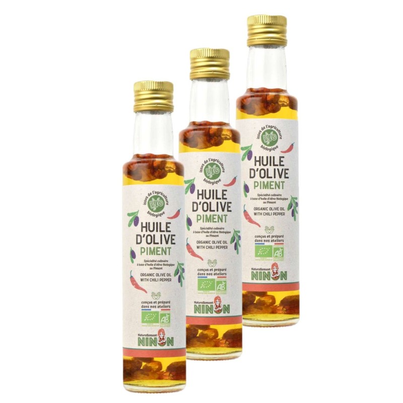 Lot 3x Huile d’olive extra vierge piment BIO - Bouteille 250ml