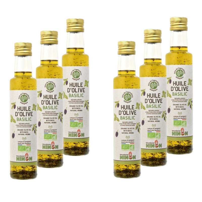 Lot 6x Huile d’olive extra vierge basilic BIO - Bouteille 250ml