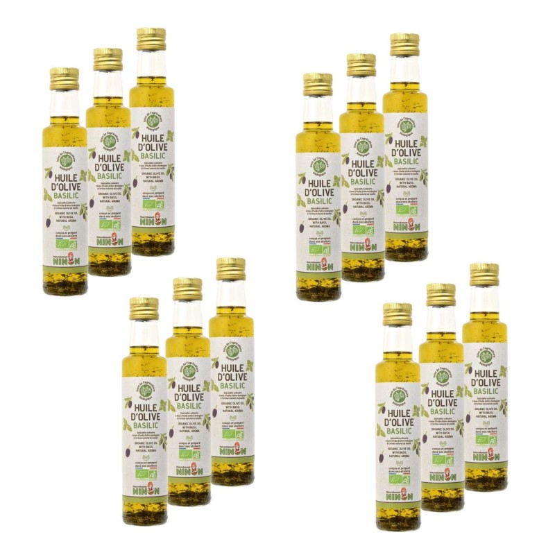 Lot 12x Huile d’olive extra vierge basilic BIO - Bouteille 250ml