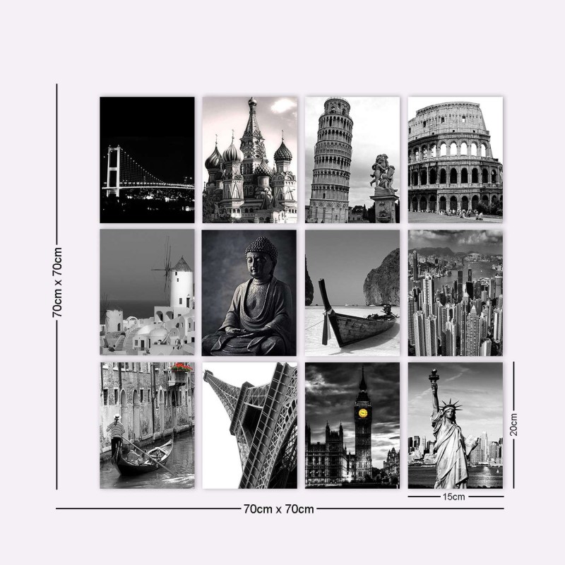 Lot de 12 tableaux City - Noir et blanc