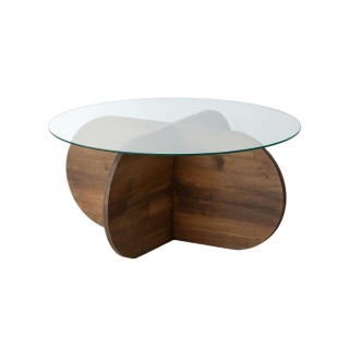 Table basse ronde Luminix en verre et bois massif - Marron foncé