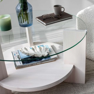 Table basse ronde 1 étagère Auréline en verre et bois - Transparent et Blanc