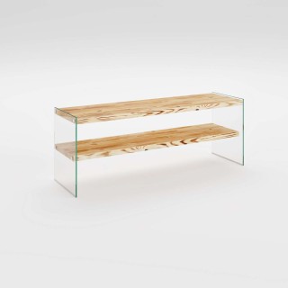 Meuble TV 1 étagère Crustallia en verre et bois - Transparent et beige