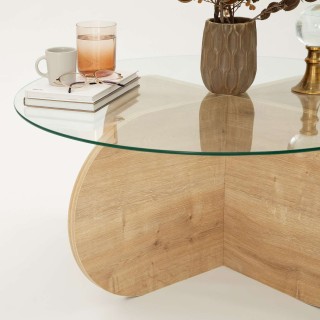 Table basse ronde Luminix en verre et bois - Beige