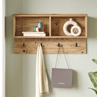 Etagère murale 2 niches et patères en bois - Beige