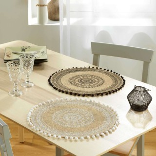 Set de table en jute avec pompons Azusa - Diam. 38 cm - Noir