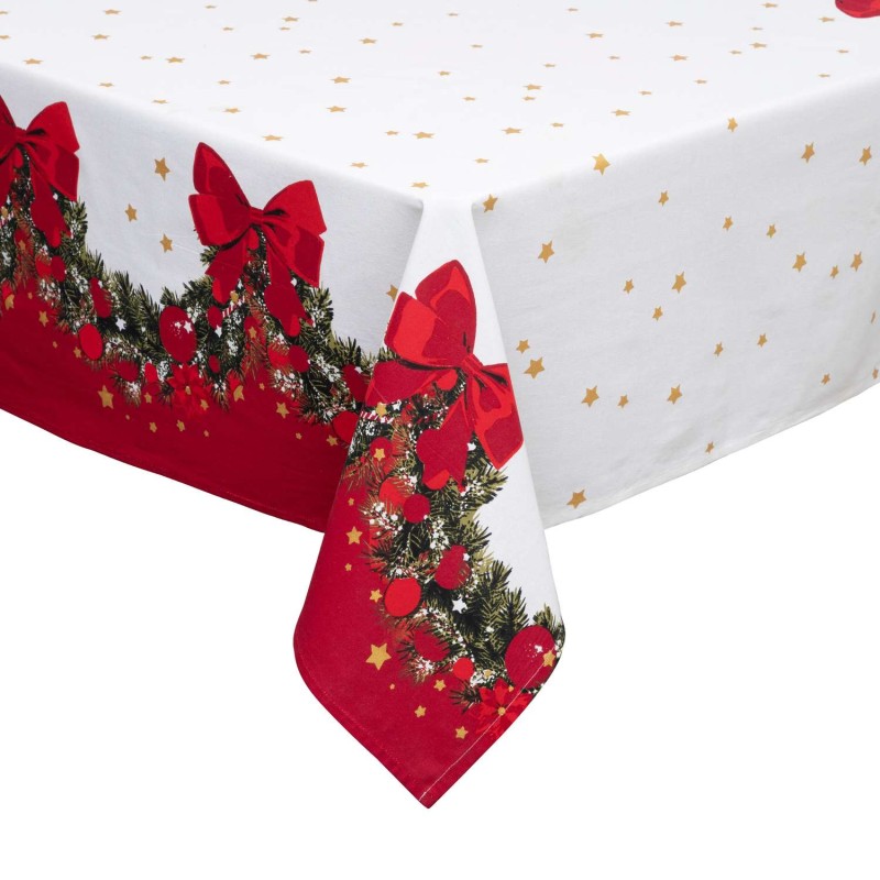 Nappe de Noël réctangulaire motif guirlande - 140 x 240 cm - Blanc et Rouge