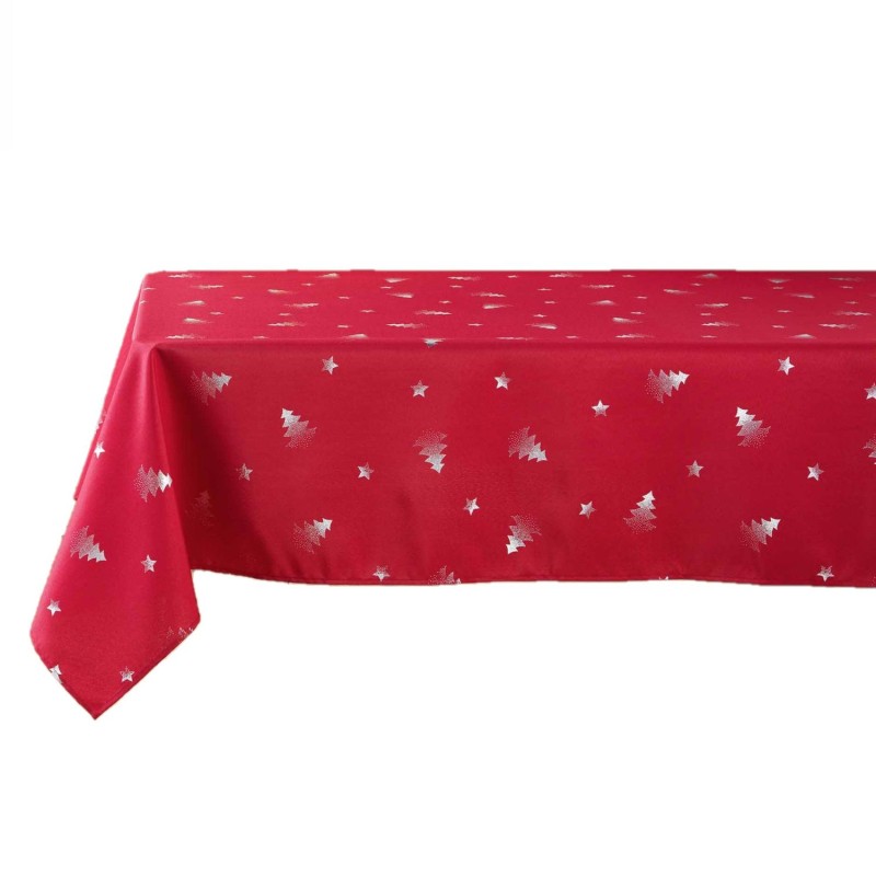 Nappe rectangulaire antitache et infroissable Sapins - 150 x 240 cm - Rouge et argent