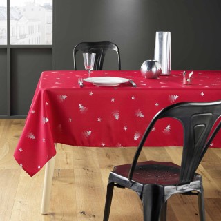 Nappe rectangulaire antitache et infroissable Sapins - 150 x 240 cm - Rouge et argent