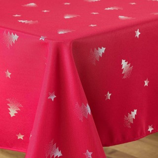 Nappe rectangulaire antitache et infroissable Sapins - 150 x 240 cm - Rouge et argent