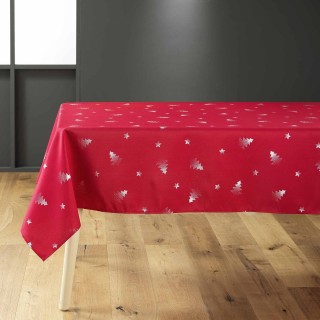 Nappe rectangulaire antitache et infroissable Sapins - 150 x 240 cm - Rouge et argent