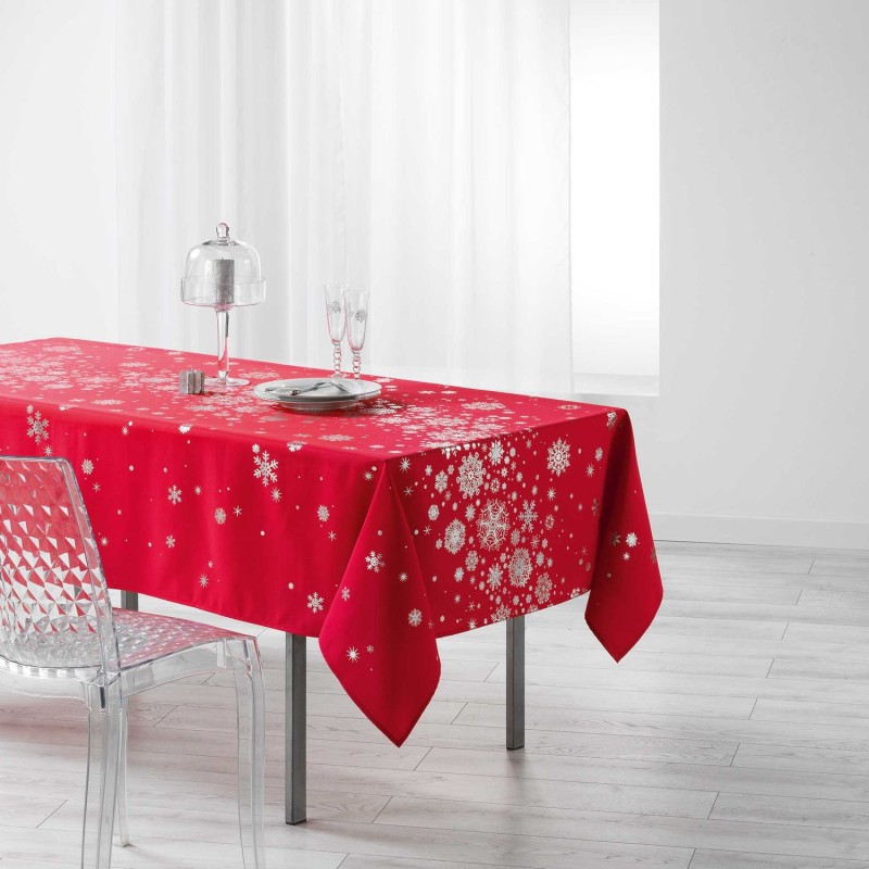 Nappe rectangulaire antitache et infroissable Flocons - 150 x 240 cm - Rouge et argent