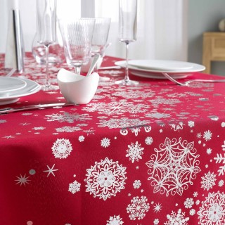 Nappe rectangulaire antitache et infroissable Flocons - 150 x 240 cm - Rouge et argent