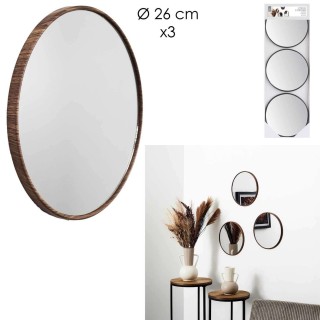 Lot de 3 miroirs ronds imitation bois - Diam 26 cm - Marron