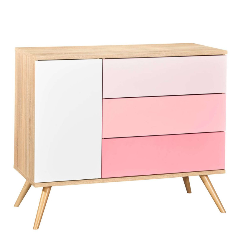 Commode 1 porte et 3 tiroirs Seventies - Sauthon - Rose et blanc