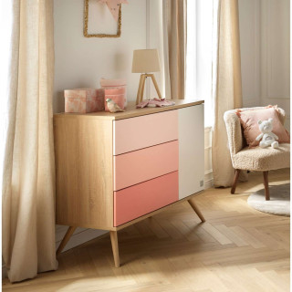 Commode 1 porte et 3 tiroirs Seventies - Sauthon - Rose et blanc