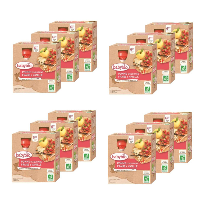 Lot 12x Gourde pomme, fraise et vanille BIO - 4x90g - Pack 360g