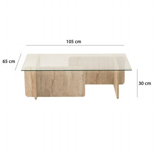 Table basse rectangulaire effet travertin et verre - Beige