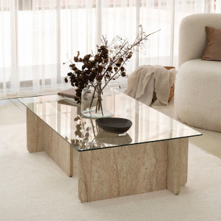 Table basse rectangulaire effet travertin et verre - Beige