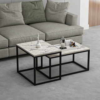 Duo de tables basses encastrables effet marbre - Blanc et noir