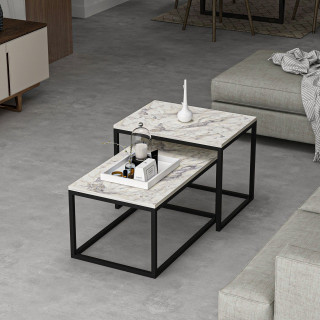 Duo de tables basses encastrables effet marbre - Blanc et noir