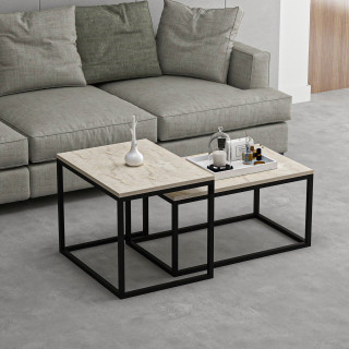 Duo de tables basses encastrables effet travertin - Beige et noir