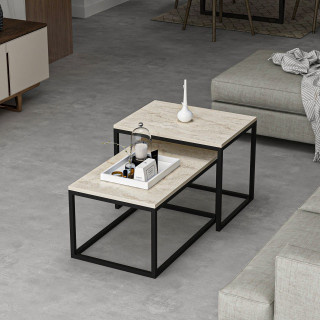 Duo de tables basses encastrables effet travertin - Beige et noir