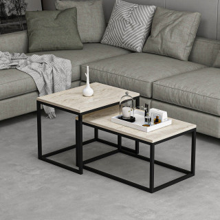 Duo de tables basses encastrables effet travertin - Beige et noir