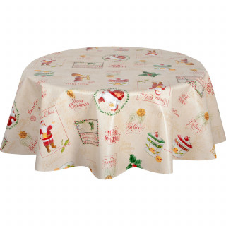 Nappe en toile cirée ronde SANTA CLAUS - Diam. 135 cm - Ecru