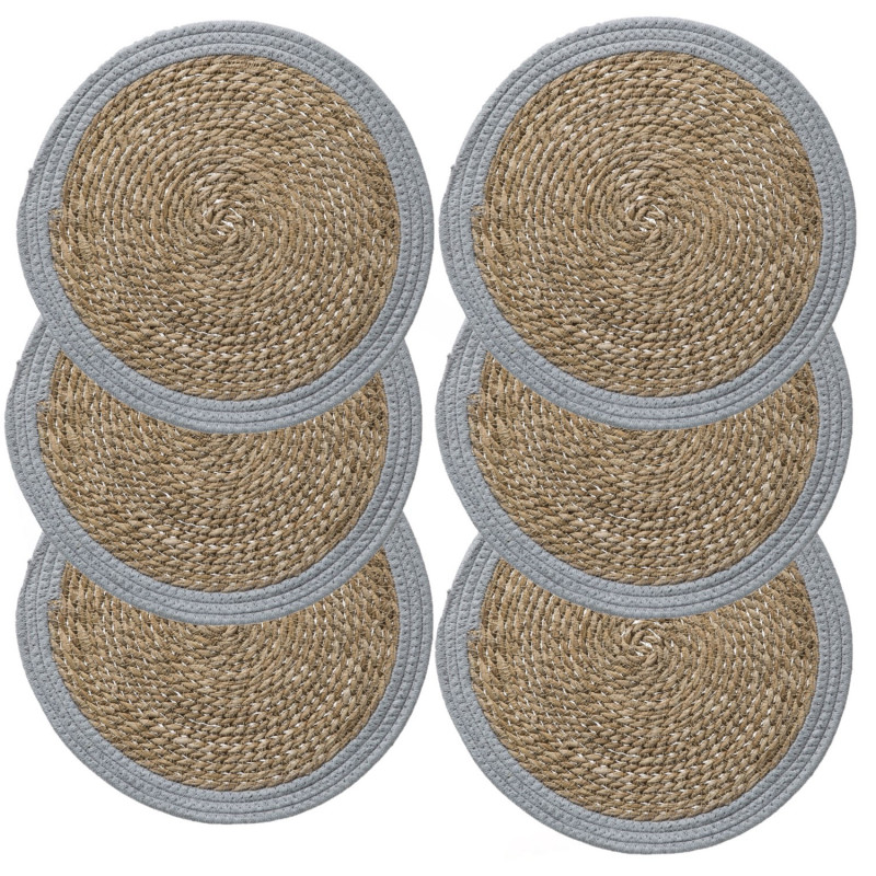 Lot de 6 sets de table rond en roseau et coton Pop - Diam. 38 cm - Gris