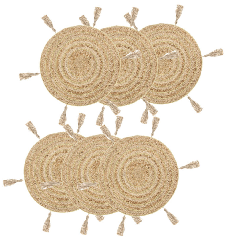 Lot de 6 sets de table en jute avec pompons - Diamètre 38 cm - Beige