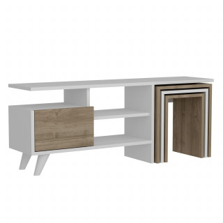 Meuble TV avec 3 niches de rangement 1 porte et 3 tables d'appoint en panneaux de particules - Beige et blanc