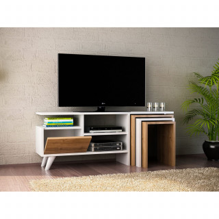 Meuble TV avec 3 niches de rangement 1 porte et 3 tables d'appoint en panneaux de particules - Beige et blanc