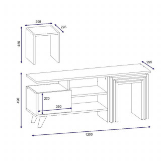 Meuble TV avec 3 niches de rangement 1 porte et 3 tables d'appoint en panneaux de particules - Beige et blanc