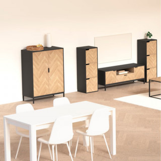 Buffet 2 portes en bois et métal CHEVRONS - Beige et noir