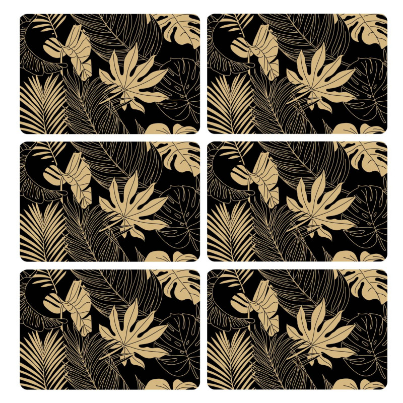 Lot de 6 sets de table motif feuillage avec encre métallique LYRA - 30 x 45 cm - Or et noir