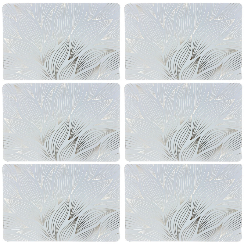 Lot de 6 sets de table motif feuillage avec encre métallique ZEYA - 30 x 45 cm - Or et blanc