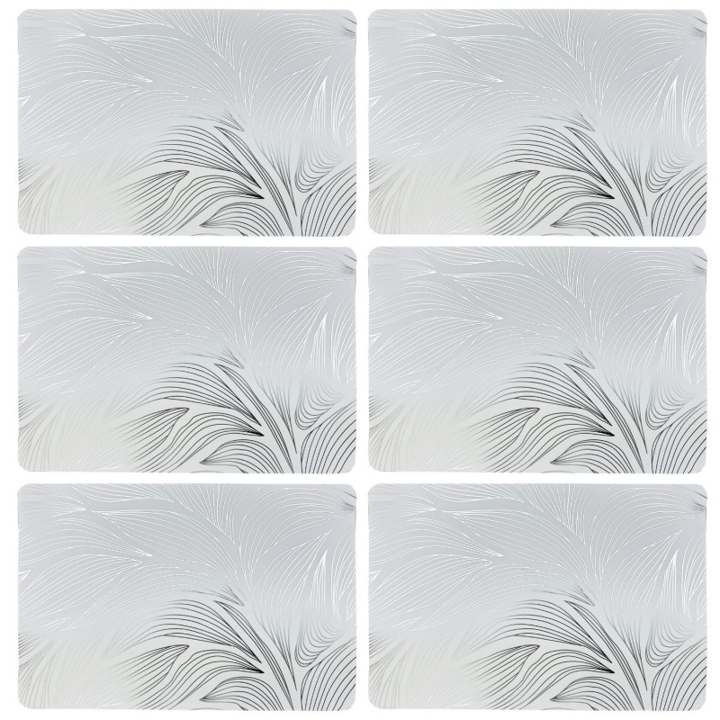 Lot de 6 sets de table motif feuillage avec encre métallique EDEN - 30 x 45 cm - Argent et blanc