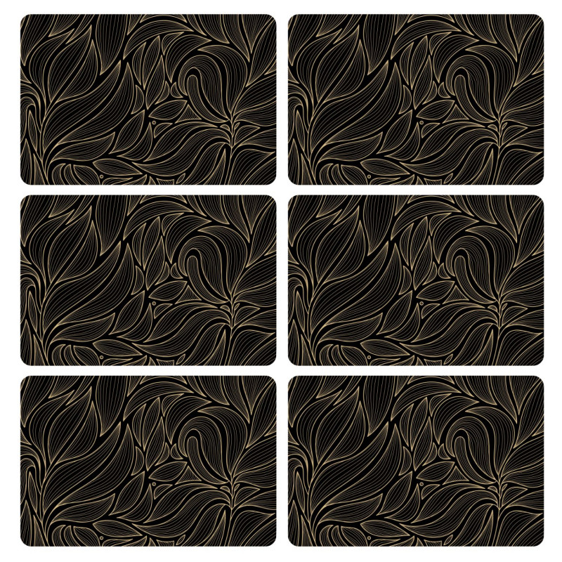 Lot de 6 sets de table motif feuillage avec encre métallique COSMO - 30 x 45 cm - Or et noir