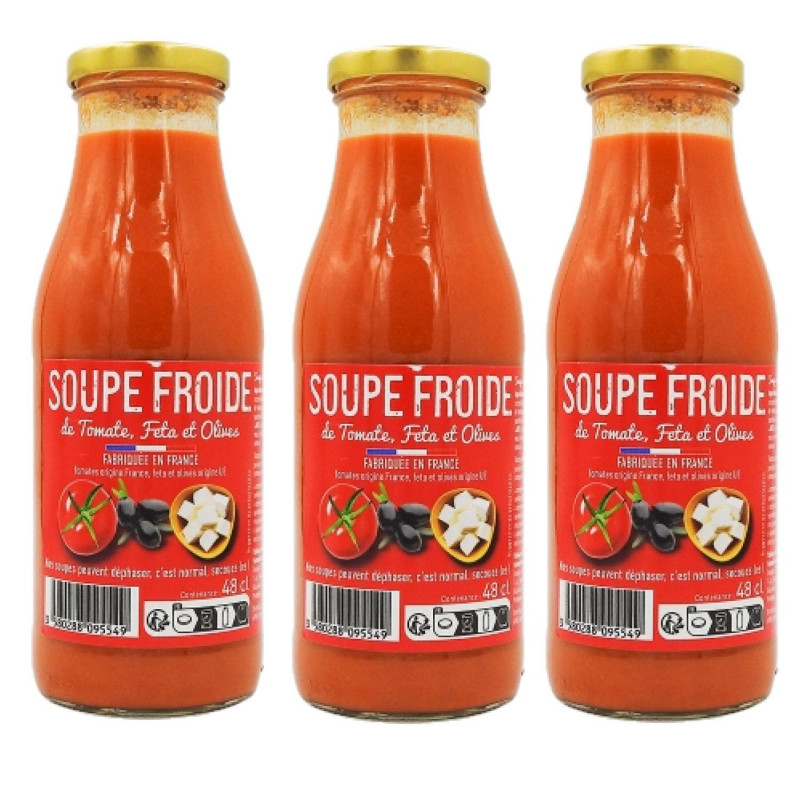 Lot 3x Soupe froide de tomates, feta et olives - Bouteille 480ml Lot 3x Soupe froide de tomates, feta et olives - Bouteille 480ml