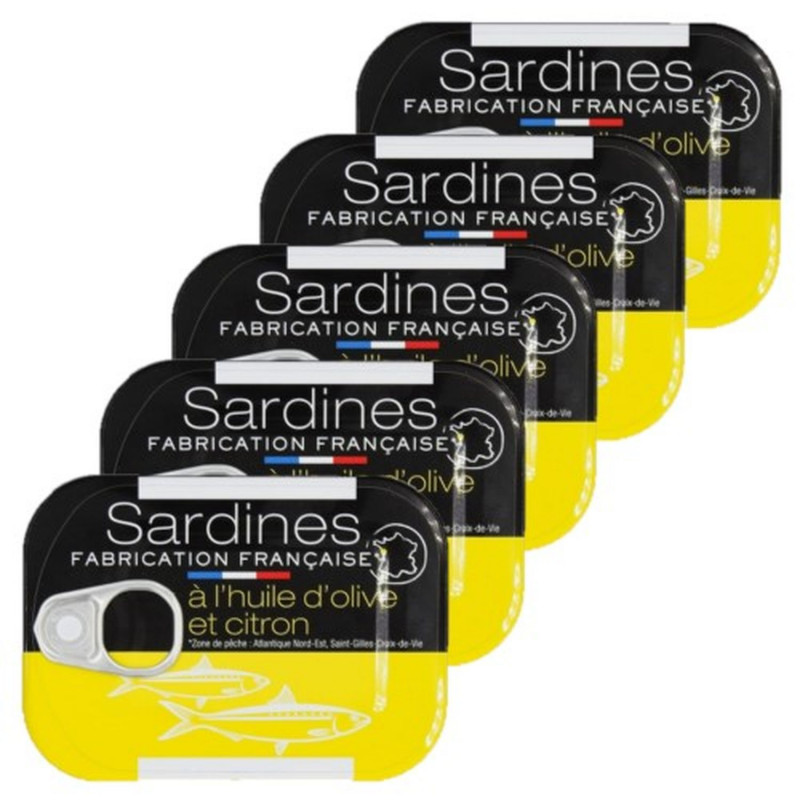 Lot 5x Sardines à l'huile d'olive et au citron - Conserve 115g Lot 5x Sardines à l'huile d'olive et au citron - Conserve 115g