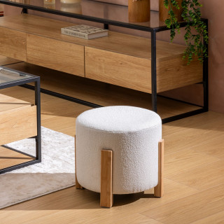 Tabouret d'appoint effet bouclette avec pieds en bambou BANSA - Blanc