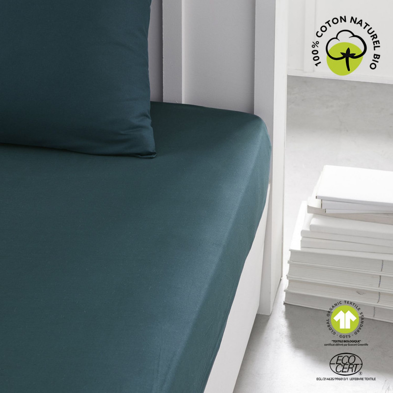 Drap housse 2 places - 100% coton BIO - 160 x 200 cm - Vert paon