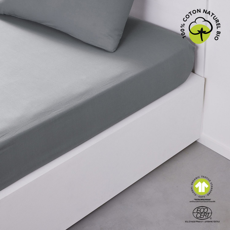 Drap housse 2 places - 100% coton BIO - 180 x 200 cm - Gris acier
