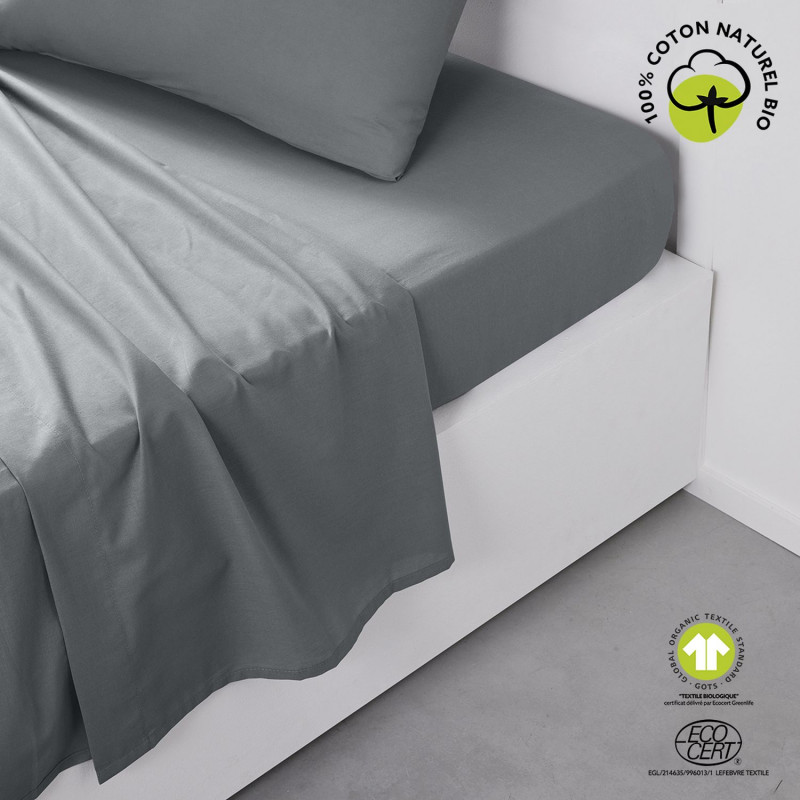 Drap plat - 100% coton BIO - 300 x 240 cm - Gris acier