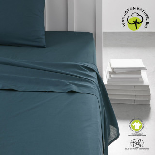 Drap plat - 100% coton BIO - 300 x 240 cm - Bleu paon