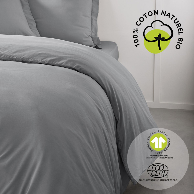 Housse de couette 2 places - 100% coton BIO - 240 x 260 cm - Gris acier